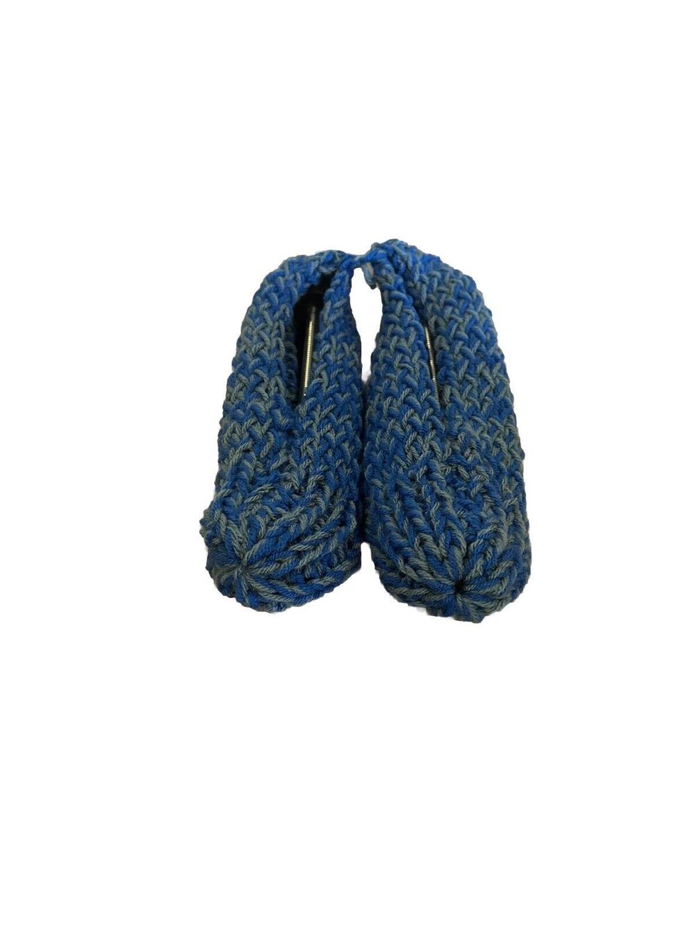 Cozy Hand knit Blue & Gray Yarn House Slippers Men's M 9-10 Stretchy 10" Long
